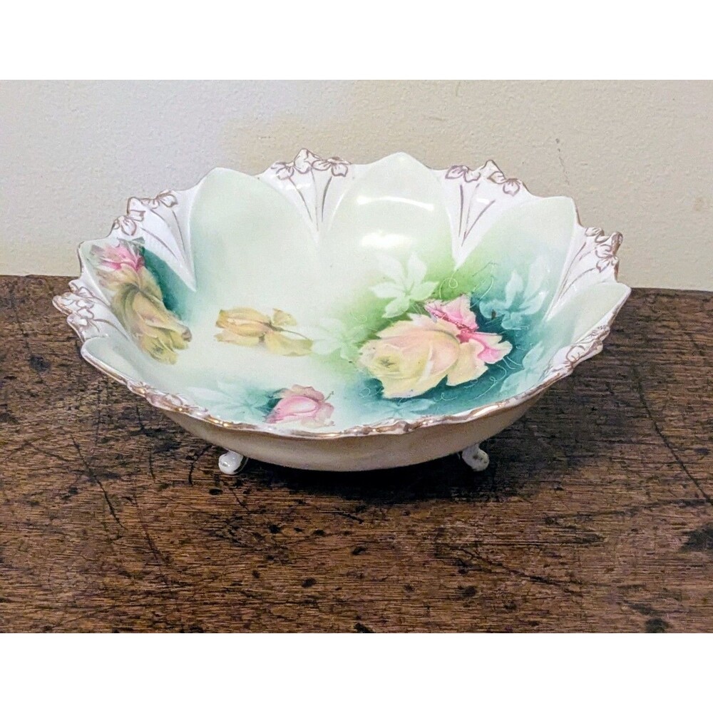 German Austrian RS Prussia Style Scalloped Footed Bowl Floral Tea Roses 9.5"